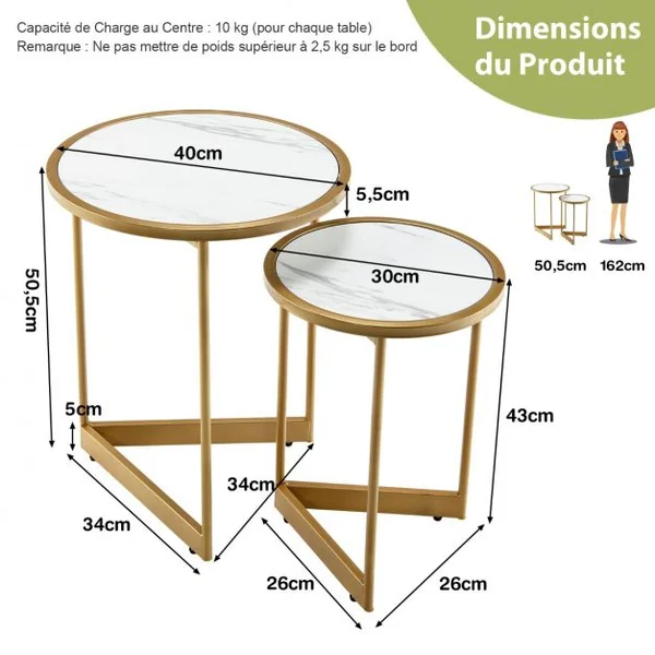 Lot de 2 Tables Basses Gigognes Rondes Tables d'Appoint Scandinaves avec Base en forme de V et Coussinets de Pied Réglables Blanc