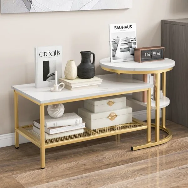 Lot de 2 Tables Basses Gigognes Scandinaves Table d'Appoint Imprimée Marbre Repose-pieds Réglables Cadre en Métal Doré