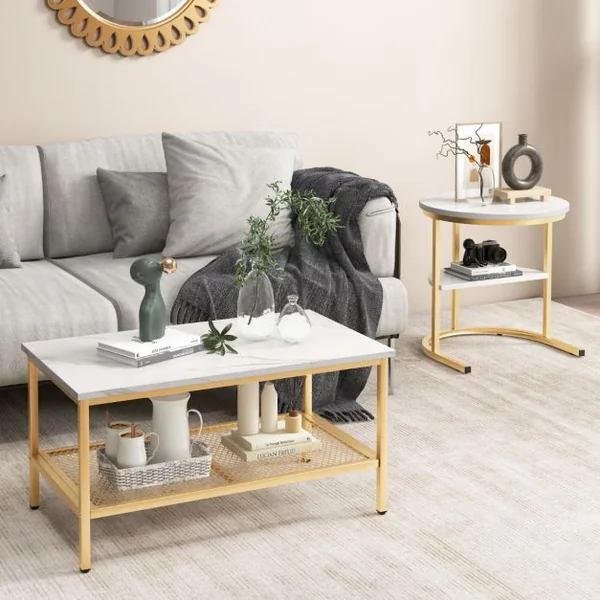 Lot de 2 Tables Basses Gigognes Scandinaves Table d'Appoint Imprimée Marbre Repose-pieds Réglables Cadre en Métal Doré