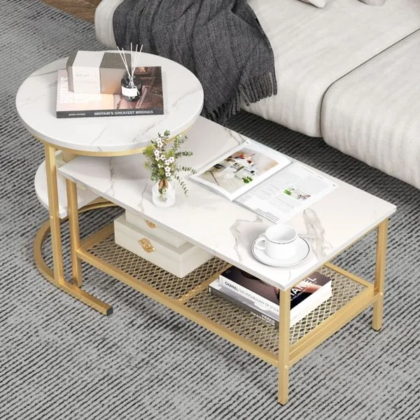 Lot de 2 Tables Basses Gigognes Scandinaves Table d'Appoint Imprimée Marbre Repose-pieds Réglables Cadre en Métal Doré