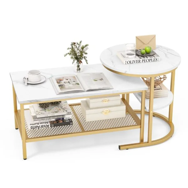 Lot de 2 Tables Basses Gigognes Scandinaves Table d'Appoint Imprimée Marbre Repose-pieds Réglables Cadre en Métal Doré