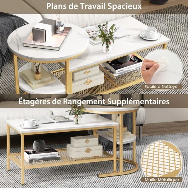 Lot de 2 Tables Basses Gigognes Scandinaves Table d'Appoint Imprimée Marbre Repose-pieds Réglables Cadre en Métal Doré