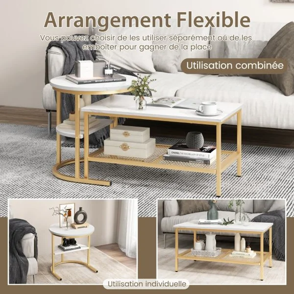 Lot de 2 Tables Basses Gigognes Scandinaves Table d'Appoint Imprimée Marbre Repose-pieds Réglables Cadre en Métal Doré