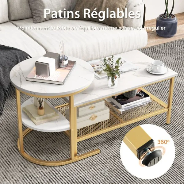 Lot de 2 Tables Basses Gigognes Scandinaves Table d'Appoint Imprimée Marbre Repose-pieds Réglables Cadre en Métal Doré