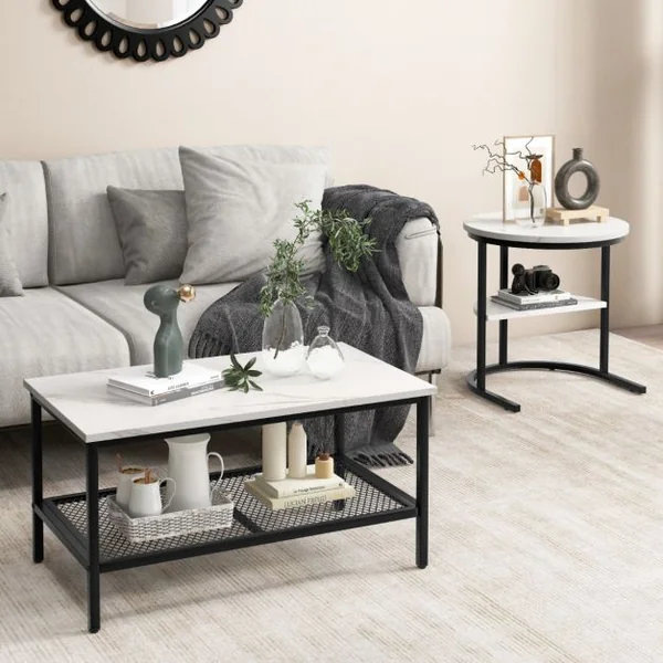Lot de 2 Tables Basses Gigognes Scandinaves Table d'Appoint Imprimée Marbre Repose-pieds Réglables Cadre en Métal Noir/Or