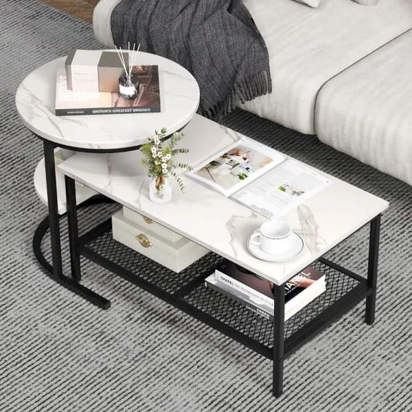 Lot de 2 Tables Basses Gigognes Scandinaves Table d'Appoint Imprimée Marbre Repose-pieds Réglables Cadre en Métal Noir/Or