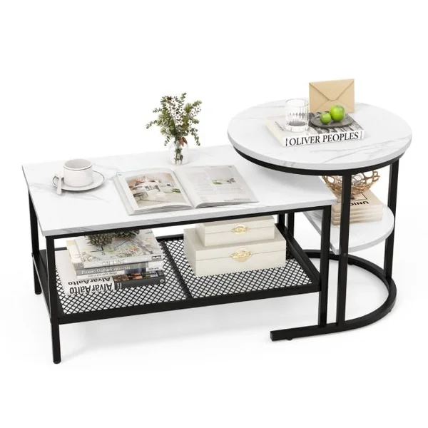 Lot de 2 Tables Basses Gigognes Scandinaves Table d'Appoint Imprimée Marbre Repose-pieds Réglables Cadre en Métal Noir/Or