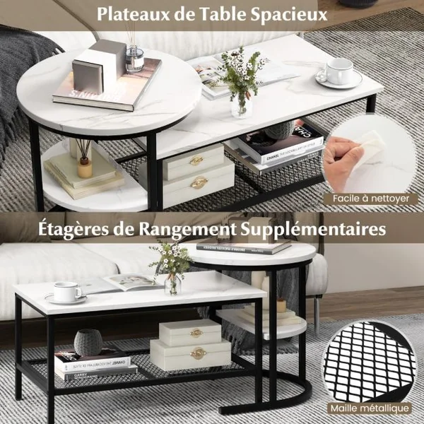 Lot de 2 Tables Basses Gigognes Scandinaves Table d'Appoint Imprimée Marbre Repose-pieds Réglables Cadre en Métal Noir/Or