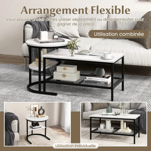 Lot de 2 Tables Basses Gigognes Scandinaves Table d'Appoint Imprimée Marbre Repose-pieds Réglables Cadre en Métal Noir/Or