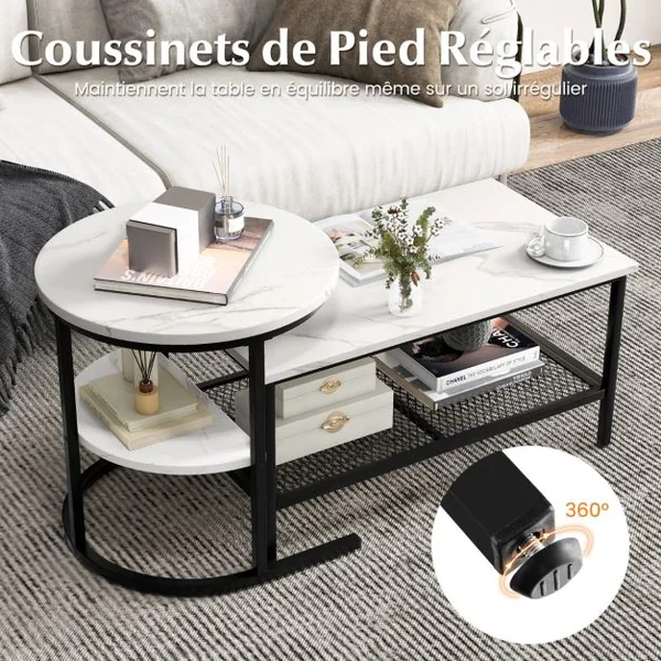 Lot de 2 Tables Basses Gigognes Scandinaves Table d'Appoint Imprimée Marbre Repose-pieds Réglables Cadre en Métal Noir/Or