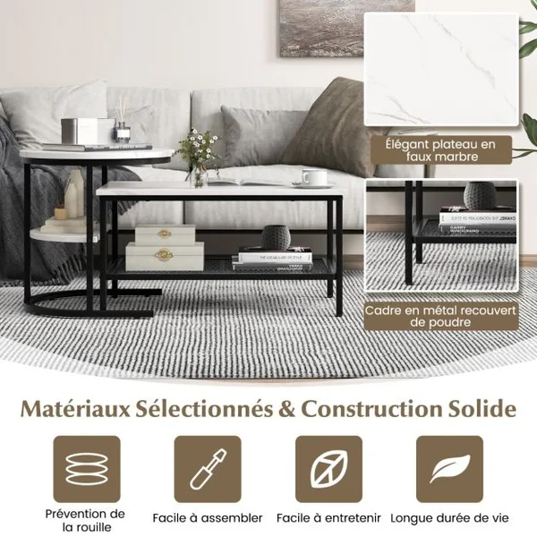 Lot de 2 Tables Basses Gigognes Scandinaves Table d'Appoint Imprimée Marbre Repose-pieds Réglables Cadre en Métal Noir/Or