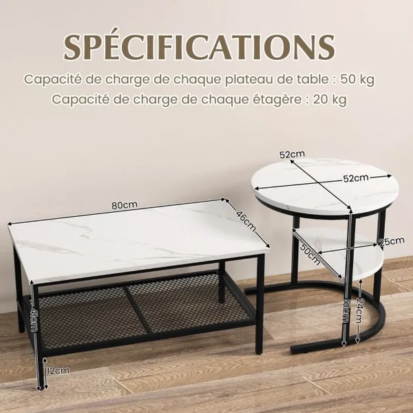 Lot de 2 Tables Basses Gigognes Scandinaves Table d'Appoint Imprimée Marbre Repose-pieds Réglables Cadre en Métal Noir/Or
