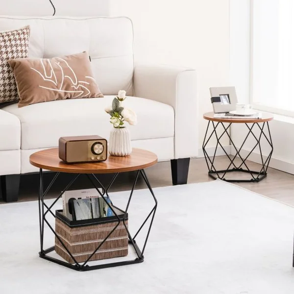 Lot de 2 Tables Basses Rondes Table d'Appoint Moderne Base en Acier Pentagonale Patins en EVA Marron Rustique