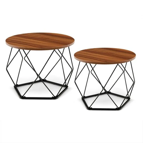 Lot de 2 Tables Basses Rondes Table d'Appoint Moderne Base en Acier Pentagonale Patins en EVA Marron Rustique