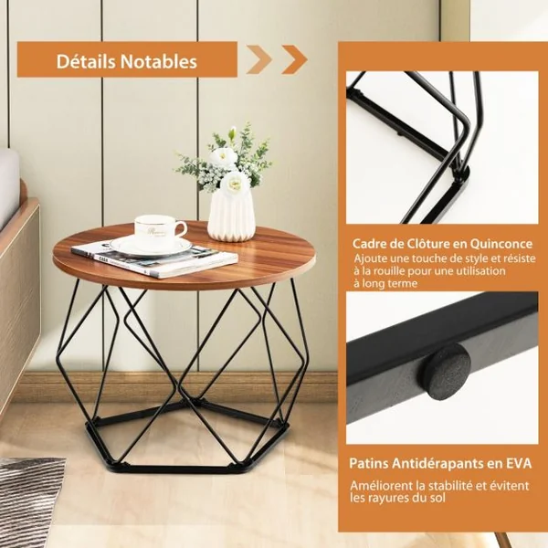 Lot de 2 Tables Basses Rondes Table d'Appoint Moderne Base en Acier Pentagonale Patins en EVA Marron Rustique