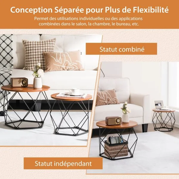 Lot de 2 Tables Basses Rondes Table d'Appoint Moderne Base en Acier Pentagonale Patins en EVA Marron Rustique
