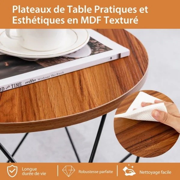 Lot de 2 Tables Basses Rondes Table d'Appoint Moderne Base en Acier Pentagonale Patins en EVA Marron Rustique