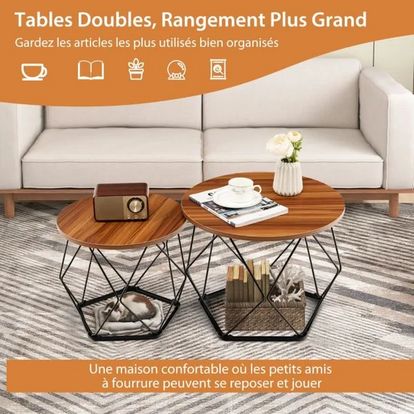 Lot de 2 Tables Basses Rondes Table d'Appoint Moderne Base en Acier Pentagonale Patins en EVA Marron Rustique