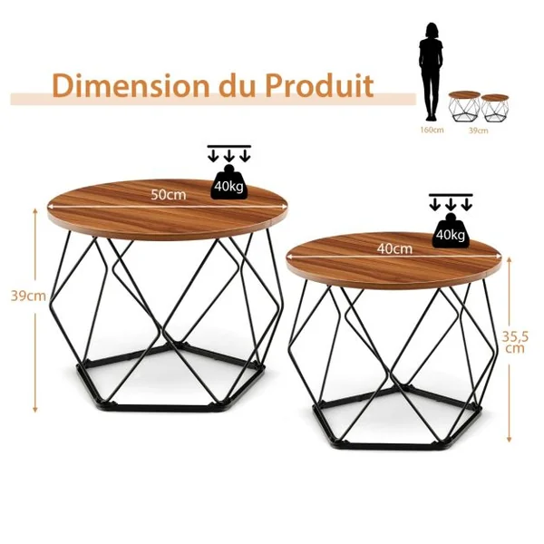 Lot de 2 Tables Basses Rondes Table d'Appoint Moderne Base en Acier Pentagonale Patins en EVA Marron Rustique