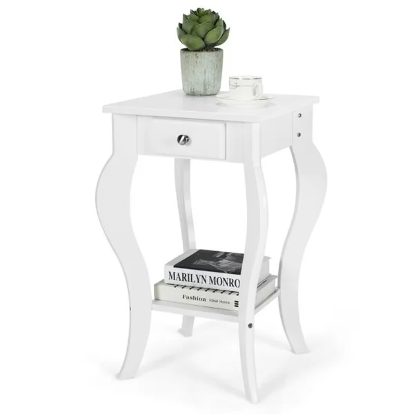 Lot de 2 Tables d'Appoint avec 1 Tiroir et Pieds Courbés Style Moderne en MDF 42,5 x 42,5 x 65,5 cm ( L x l x H) Blanc