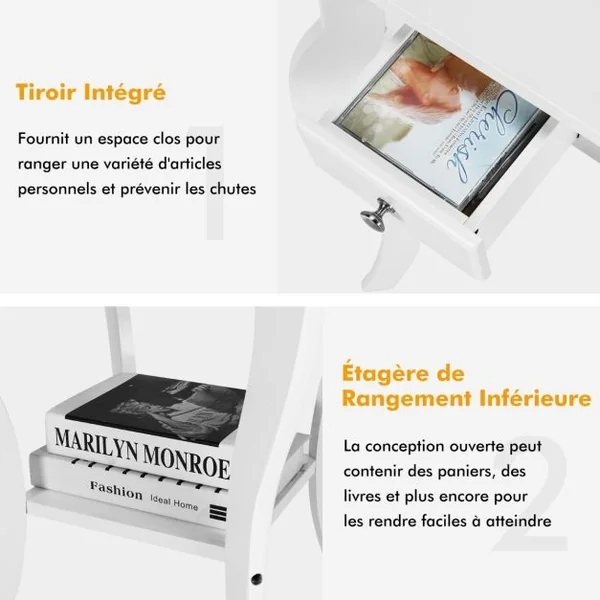 Lot de 2 Tables d'Appoint avec 1 Tiroir et Pieds Courbés Style Moderne en MDF 42,5 x 42,5 x 65,5 cm ( L x l x H) Blanc