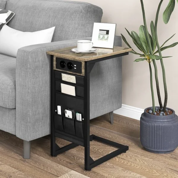 Lot de 2 Tables d'Appoint en Forme de ‘C’ en Métal Station de Charge Poches de Rangement Latérales 2 Prises et 2 Ports USB Marron Rustique