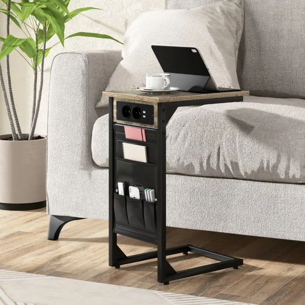 Lot de 2 Tables d'Appoint en Forme de ‘C’ en Métal Station de Charge Poches de Rangement Latérales 2 Prises et 2 Ports USB Marron Rustique