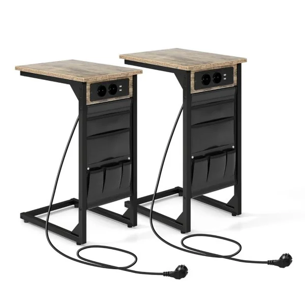 Lot de 2 Tables d'Appoint en Forme de ‘C’ en Métal Station de Charge Poches de Rangement Latérales 2 Prises et 2 Ports USB Marron Rustique
