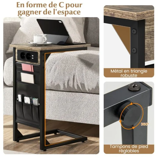 Lot de 2 Tables d'Appoint en Forme de ‘C’ en Métal Station de Charge Poches de Rangement Latérales 2 Prises et 2 Ports USB Marron Rustique