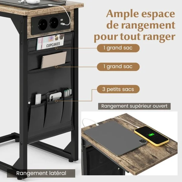 Lot de 2 Tables d'Appoint en Forme de ‘C’ en Métal Station de Charge Poches de Rangement Latérales 2 Prises et 2 Ports USB Marron Rustique