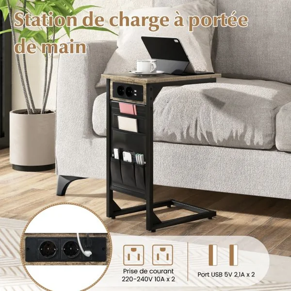 Lot de 2 Tables d'Appoint en Forme de ‘C’ en Métal Station de Charge Poches de Rangement Latérales 2 Prises et 2 Ports USB Marron Rustique