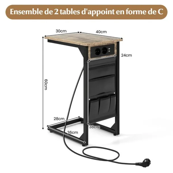 Lot de 2 Tables d'Appoint en Forme de ‘C’ en Métal Station de Charge Poches de Rangement Latérales 2 Prises et 2 Ports USB Marron Rustique