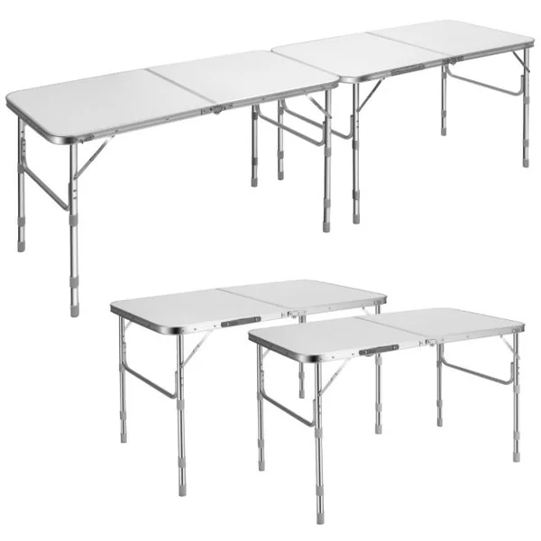 Lot de 2 Tables de Camping Pique-Nique Pliante en Aluminium Table de Réception Traiteur avec Hauteur Réglable 33/55/66CM Blanc