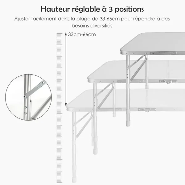 Lot de 2 Tables de Camping Pique-Nique Pliante en Aluminium Table de Réception Traiteur avec Hauteur Réglable 33/55/66CM Blanc