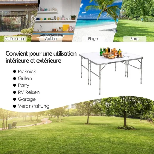 Lot de 2 Tables de Camping Pique-Nique Pliante en Aluminium Table de Réception Traiteur avec Hauteur Réglable 33/55/66CM Blanc
