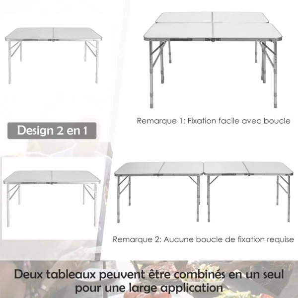 Lot de 2 Tables de Camping Pique-Nique Pliante en Aluminium Table de Réception Traiteur avec Hauteur Réglable 33/55/66CM Blanc