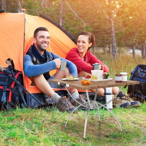 Lot de 2 Tables de Camping Pliantes avec Cadre en Aluminium Table de Pique-Nique Extensible Portable avec Plateau à Imitation Bois Café