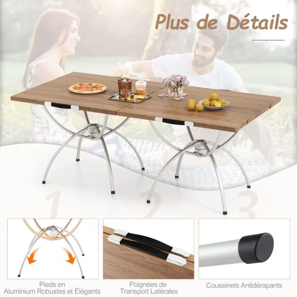 Lot de 2 Tables de Camping Pliantes avec Cadre en Aluminium Table de Pique-Nique Extensible Portable avec Plateau à Imitation Bois Café