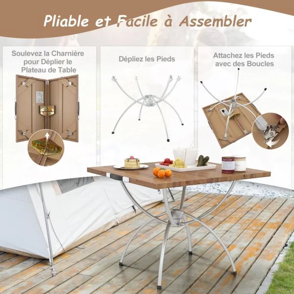 Lot de 2 Tables de Camping Pliantes avec Cadre en Aluminium Table de Pique-Nique Extensible Portable avec Plateau à Imitation Bois Café