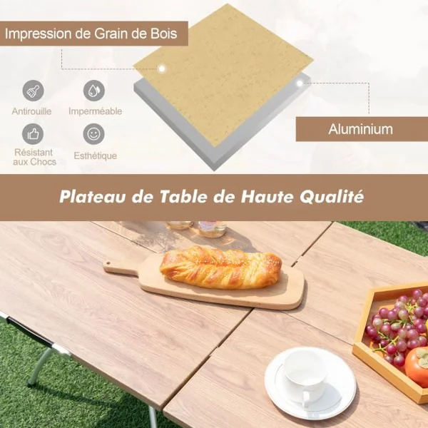 Lot de 2 Tables de Camping Pliantes avec Cadre en Aluminium Table de Pique-Nique Extensible Portable avec Plateau à Imitation Bois Café