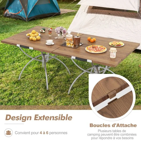 Lot de 2 Tables de Camping Pliantes avec Cadre en Aluminium Table de Pique-Nique Extensible Portable avec Plateau à Imitation Bois Café