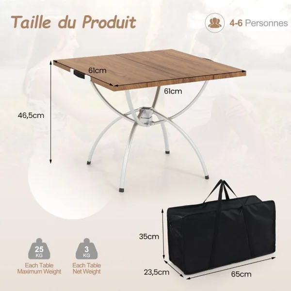 Lot de 2 Tables de Camping Pliantes avec Cadre en Aluminium Table de Pique-Nique Extensible Portable avec Plateau à Imitation Bois Café