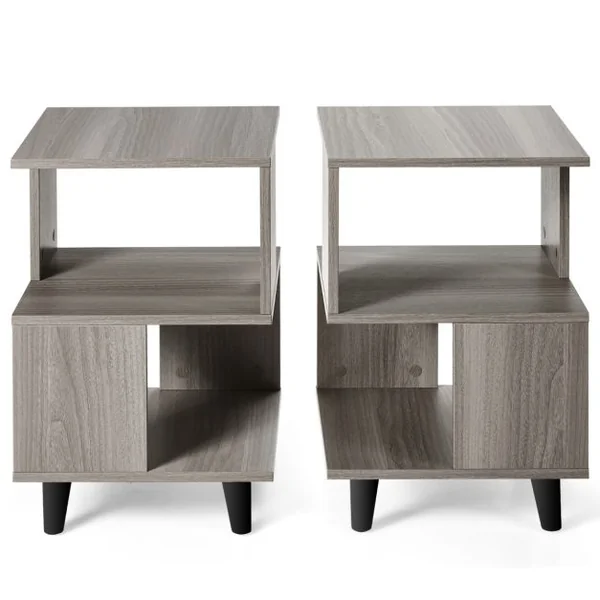 Lot de 2 Tables de Chevet 3 Niveaux Table d'Appoint avec 4 Pieds en Bois Massif Étagère de Rangement pour Salon Chambre