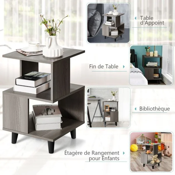 Lot de 2 Tables de Chevet 3 Niveaux Table d'Appoint avec 4 Pieds en Bois Massif Étagère de Rangement pour Salon Chambre