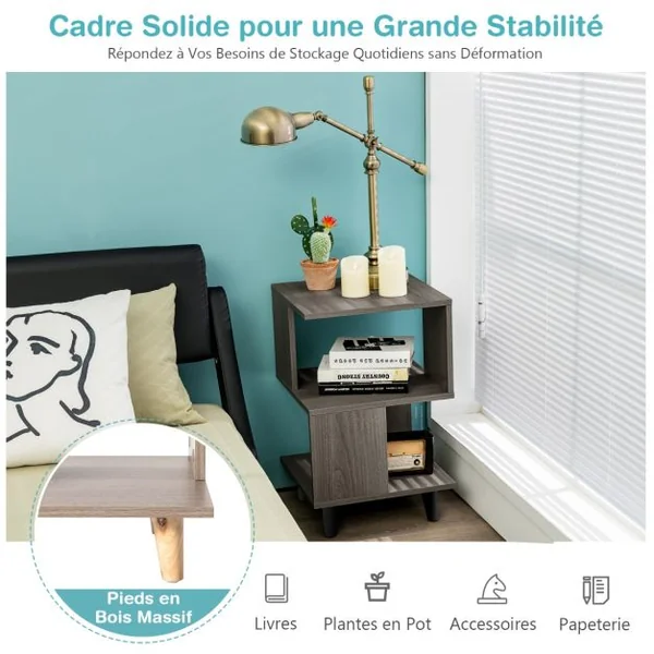 Lot de 2 Tables de Chevet 3 Niveaux Table d'Appoint avec 4 Pieds en Bois Massif Étagère de Rangement pour Salon Chambre