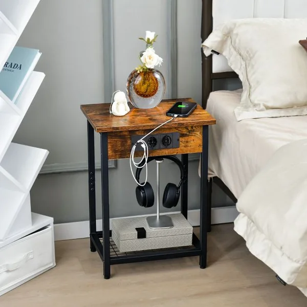 Lot de 2 Tables de Chevet avec Station de Charge & Étagère Ouverte Table D'appoint à 2 Niveaux 2 Ports 2 Usb Pour Salon Chambre Café