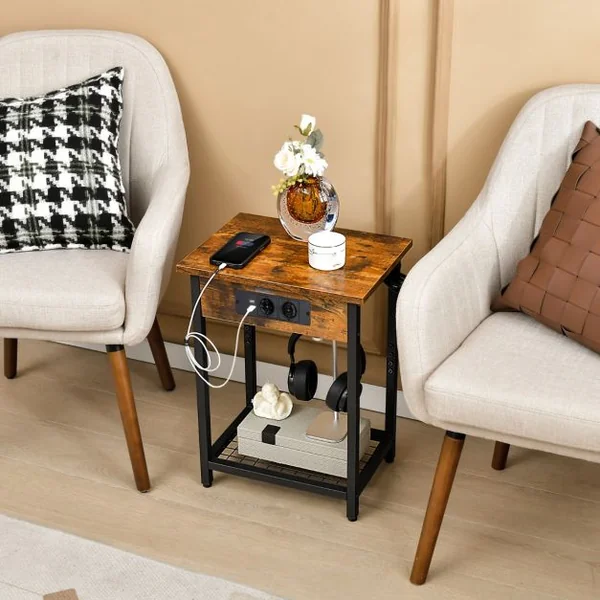 Lot de 2 Tables de Chevet avec Station de Charge & Étagère Ouverte Table D'appoint à 2 Niveaux 2 Ports 2 Usb Pour Salon Chambre Café