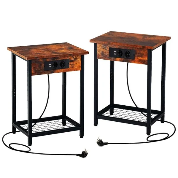 Lot de 2 Tables de Chevet avec Station de Charge & Étagère Ouverte Table D'appoint à 2 Niveaux 2 Ports 2 Usb Pour Salon Chambre Café