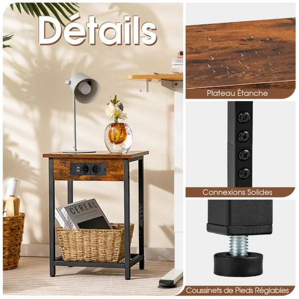 Lot de 2 Tables de Chevet avec Station de Charge & Étagère Ouverte Table D'appoint à 2 Niveaux 2 Ports 2 Usb Pour Salon Chambre Café