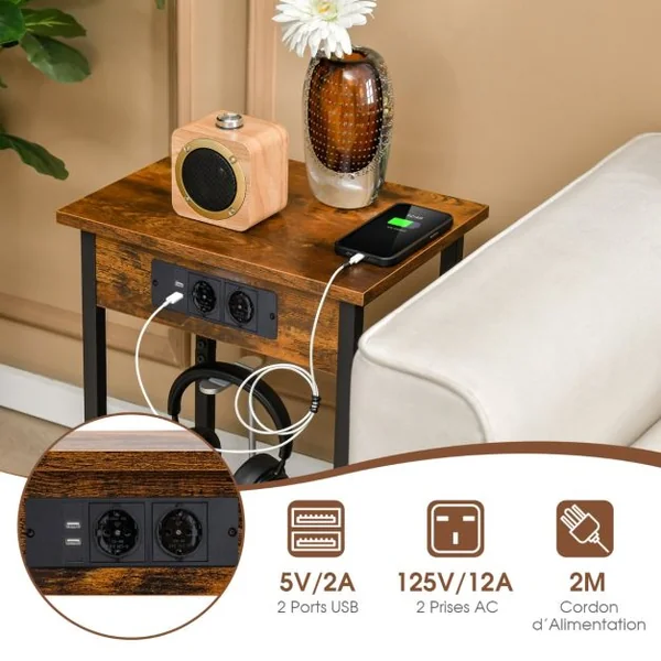 Lot de 2 Tables de Chevet avec Station de Charge & Étagère Ouverte Table D'appoint à 2 Niveaux 2 Ports 2 Usb Pour Salon Chambre Café